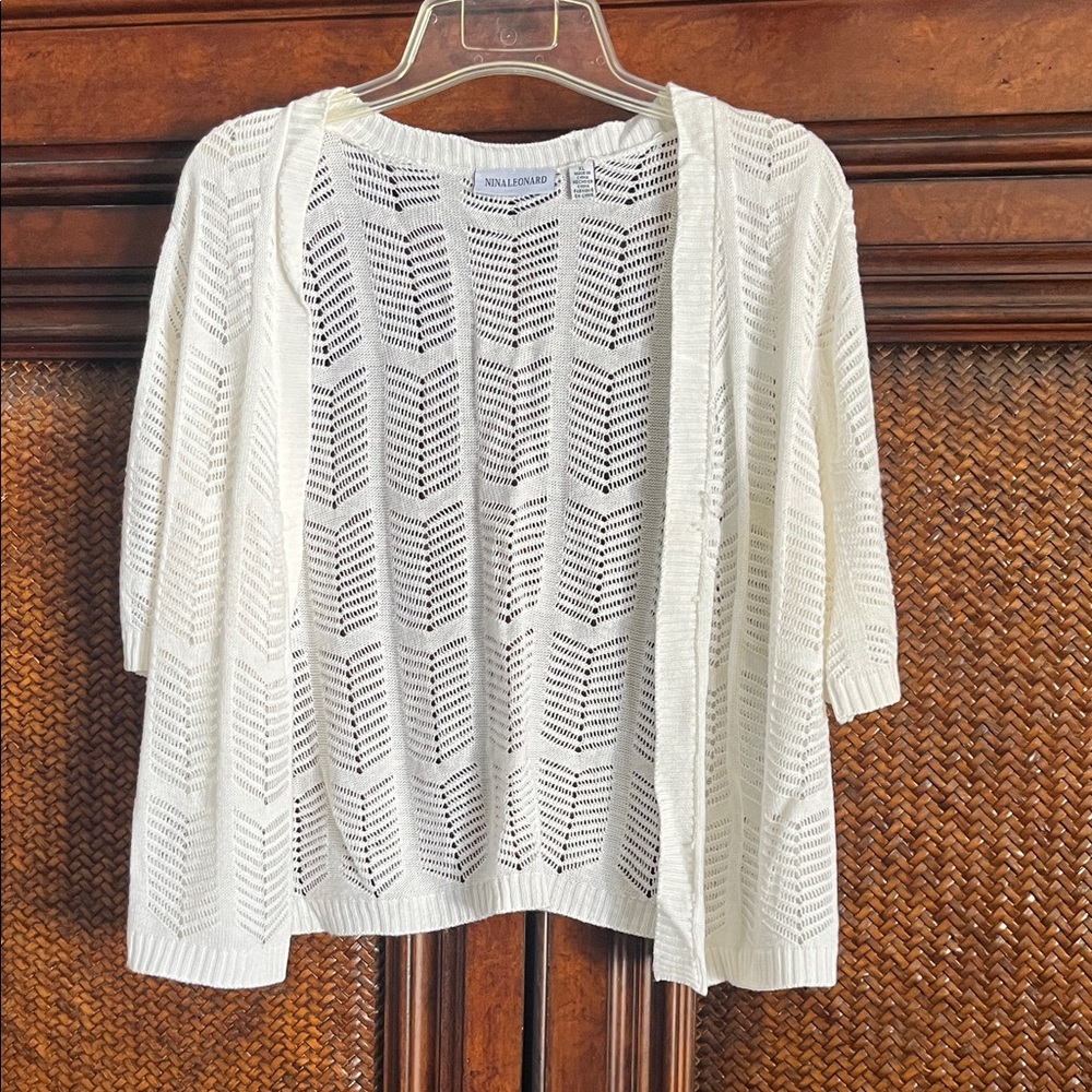 Nina Leonard Cream Open-Knit Cardigan